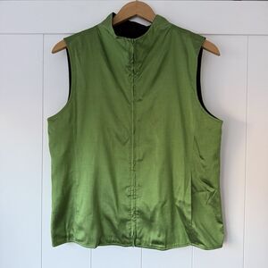 EILEEN FISHER Full Zip Silk Wool Vest Sz M Iridescent Green Preppy Luxury Y2K